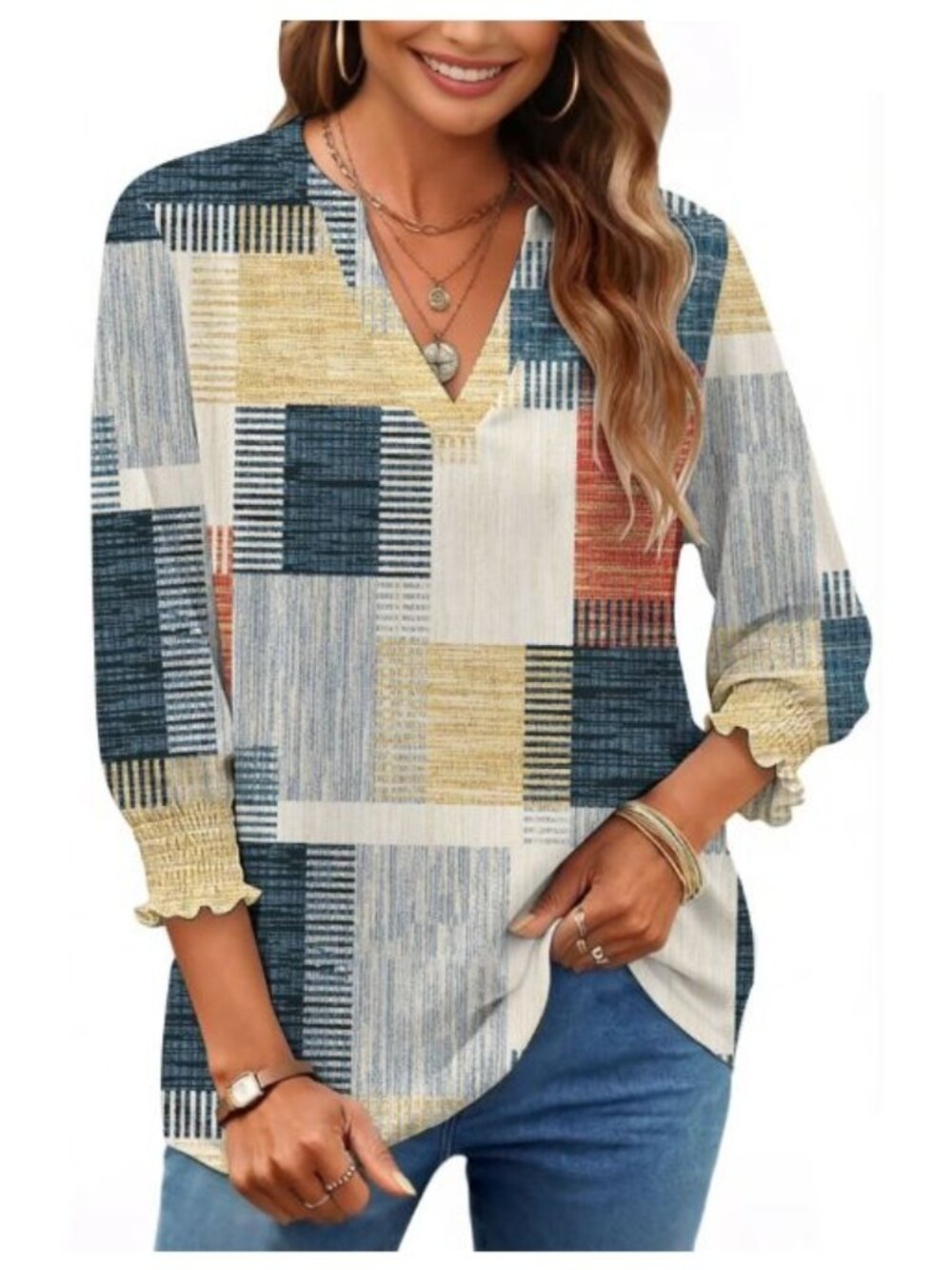 Women’s L V Neck Blouse 3/4 Sleeve Tunic Dressy Casual Top